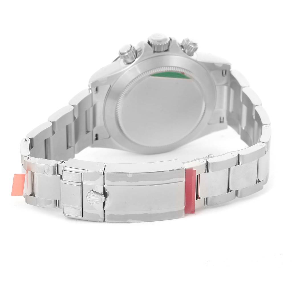 The image shows the back view of a Rolex Daytona 116500 Men's Stainless Steel Black Dial 116500 Men's Stainless Steel Black Dial watch, highlighting the case back and bracelet clasp.