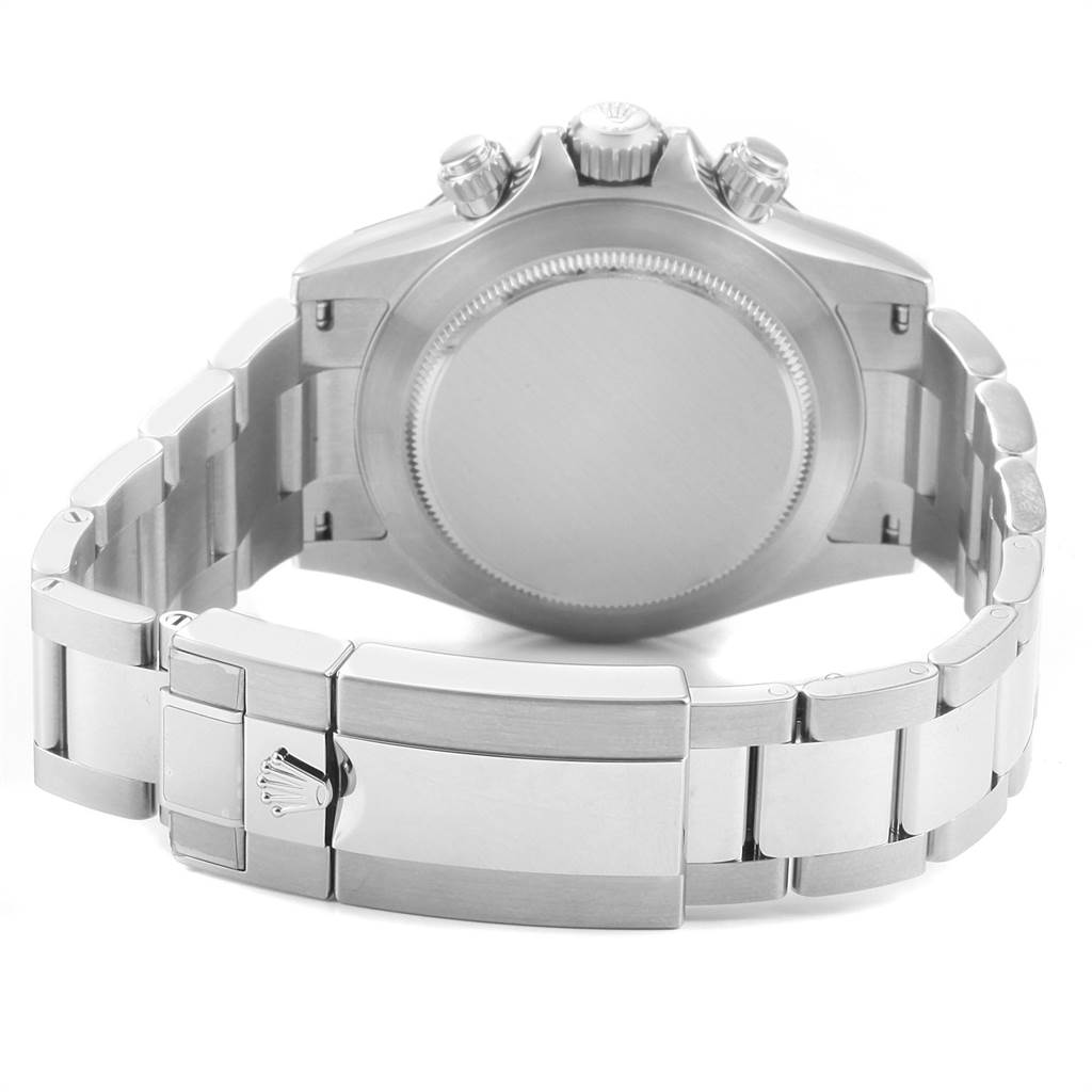 The image shows the back view of a Rolex Daytona 116500 Men's Stainless Steel White Dial 116500 Men's Stainless Steel White Dial watch, highlighting the case back, bracelet, and clasp with the crown logo.