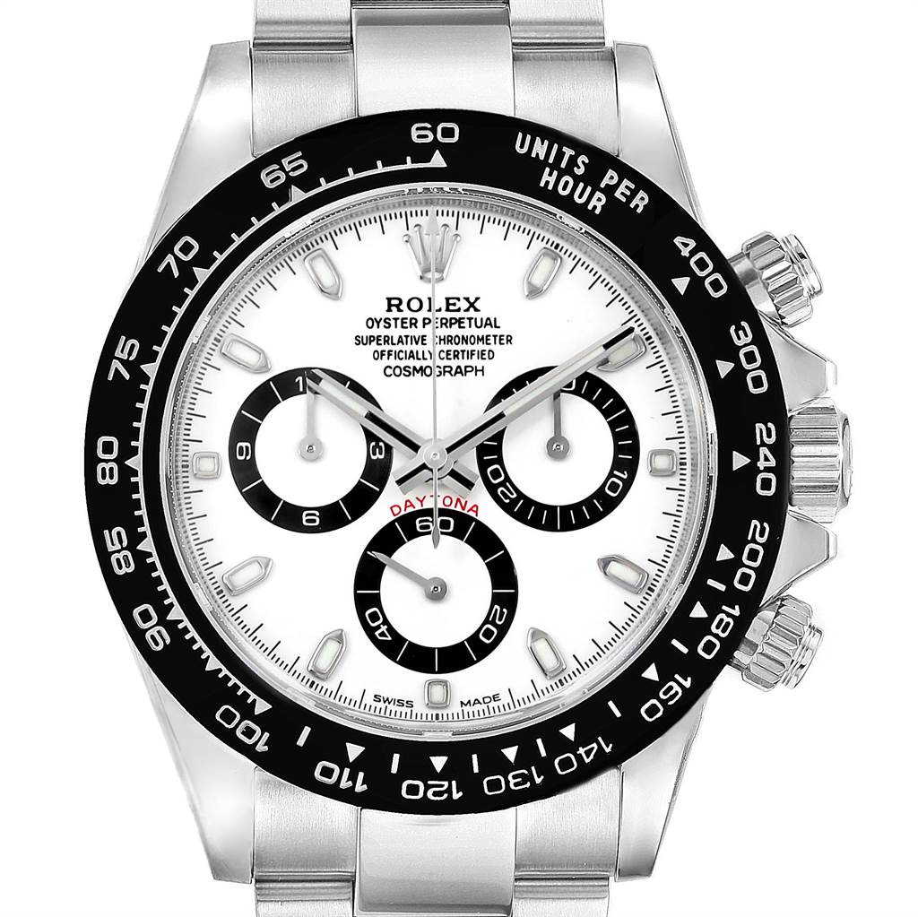 This image shows a front view of the Rolex Daytona 116500 Men's Stainless Steel White Dial 116500 Men's Stainless Steel White Dial watch, focusing on the dial, bezel, and part of the bracelet.