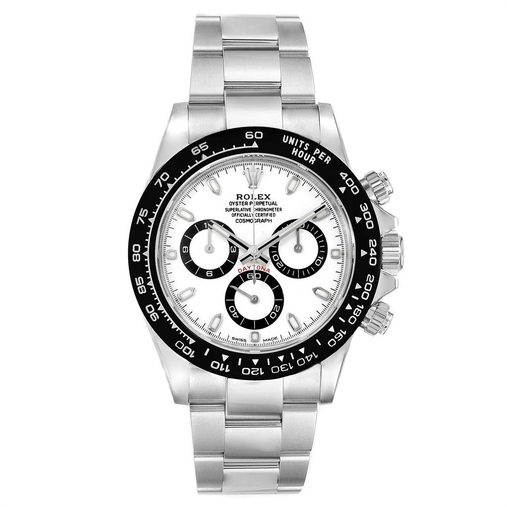 This image shows a front view of the Rolex Daytona 116500 Men's Stainless Steel White Dial 116500 Men's Stainless Steel White Dial watch, highlighting its bezel, dial, and bracelet.