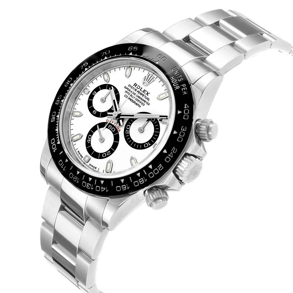 This image shows a Rolex Daytona 116500 Men's Stainless Steel White Dial 116500 Men's Stainless Steel White Dial watch from a three-quarter view, highlighting its face, bezel, and bracelet.