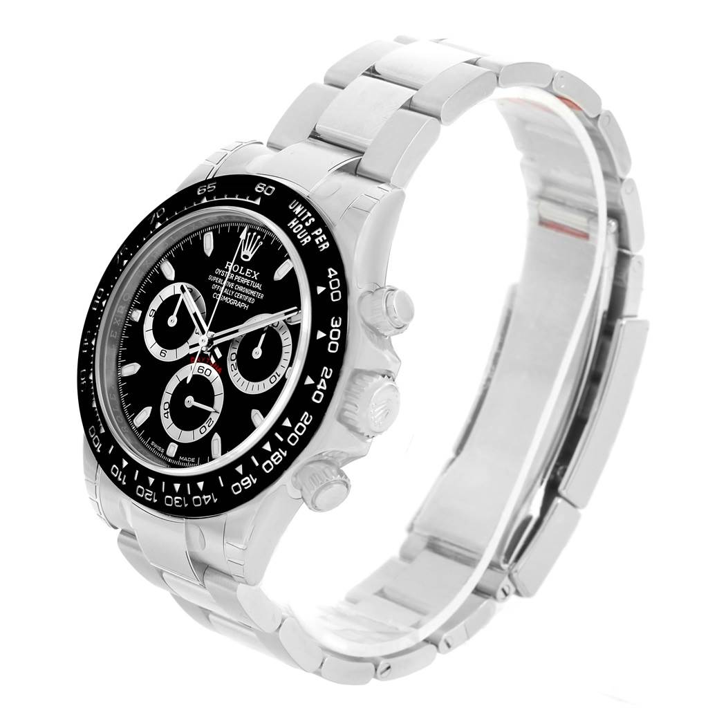 This image shows a Rolex Daytona 116500 Men's Stainless Steel Black Dial 116500 Men's Stainless Steel Black Dial watch at an angle displaying its face, bezel, pushers, and stainless steel bracelet.