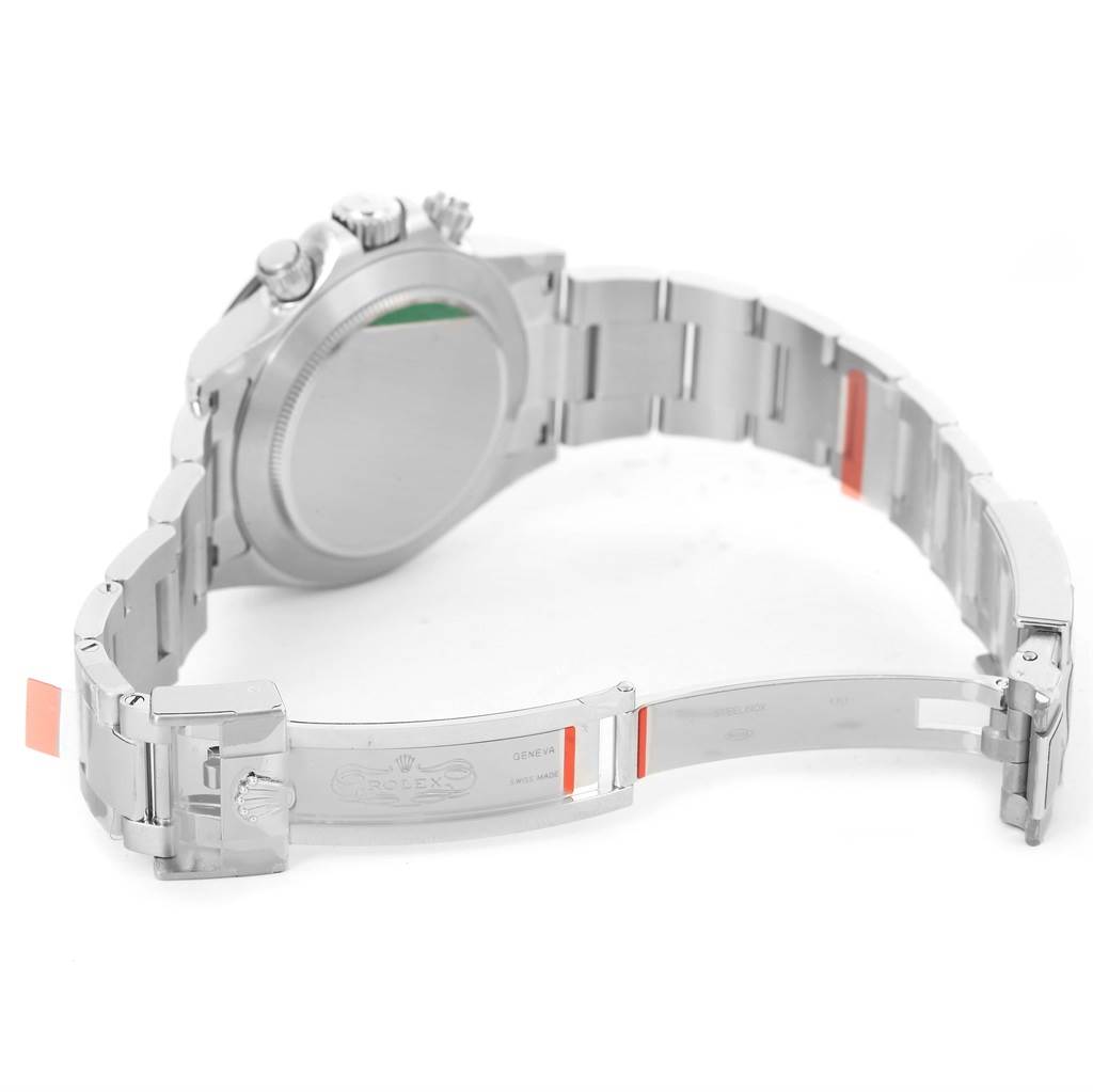 The image shows the open clasp and backside of the Rolex Daytona 116500 Men's Stainless Steel Black Dial 116500 Men's Stainless Steel Black Dial watch, highlighting the bracelet and case back.