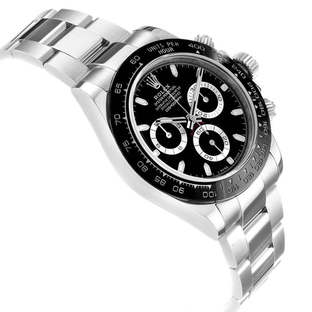 The image shows a side angle of a Rolex Daytona 116500 Men's Stainless Steel Black Dial 116500 Men's Stainless Steel Black Dial watch including the stainless steel bracelet, bezel, and black dial.