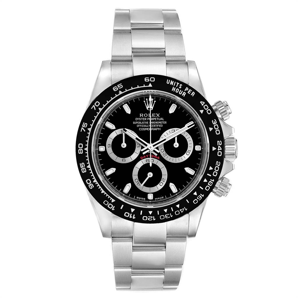 The image shows a front view of a Rolex Daytona 116500 Men's Stainless Steel Black Dial 116500 Men's Stainless Steel Black Dial watch, displaying its face, bezel, and bracelet.