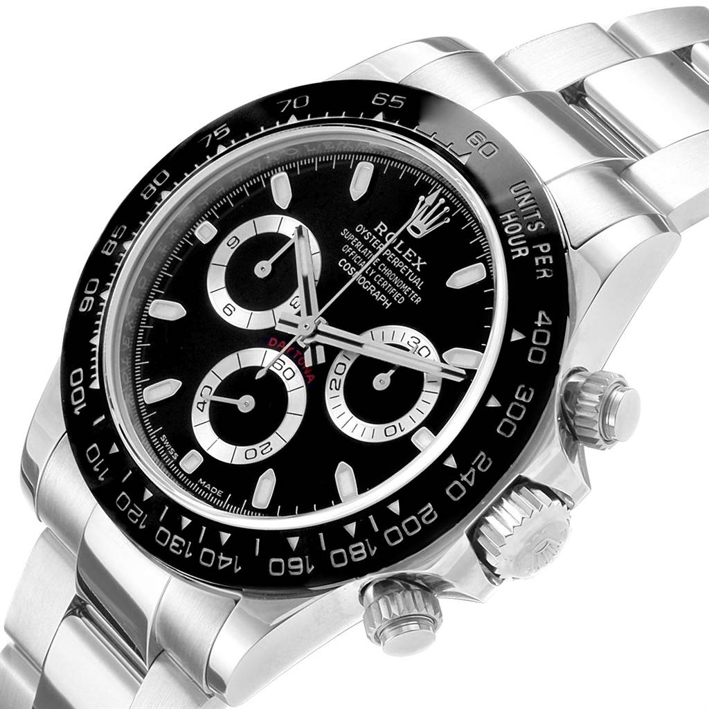 The image shows a close-up view of the Rolex Daytona 116500 Men's Stainless Steel Black Dial 116500 Men's Stainless Steel Black Dial watch, highlighting its dial, bezel, crown, and pushers.