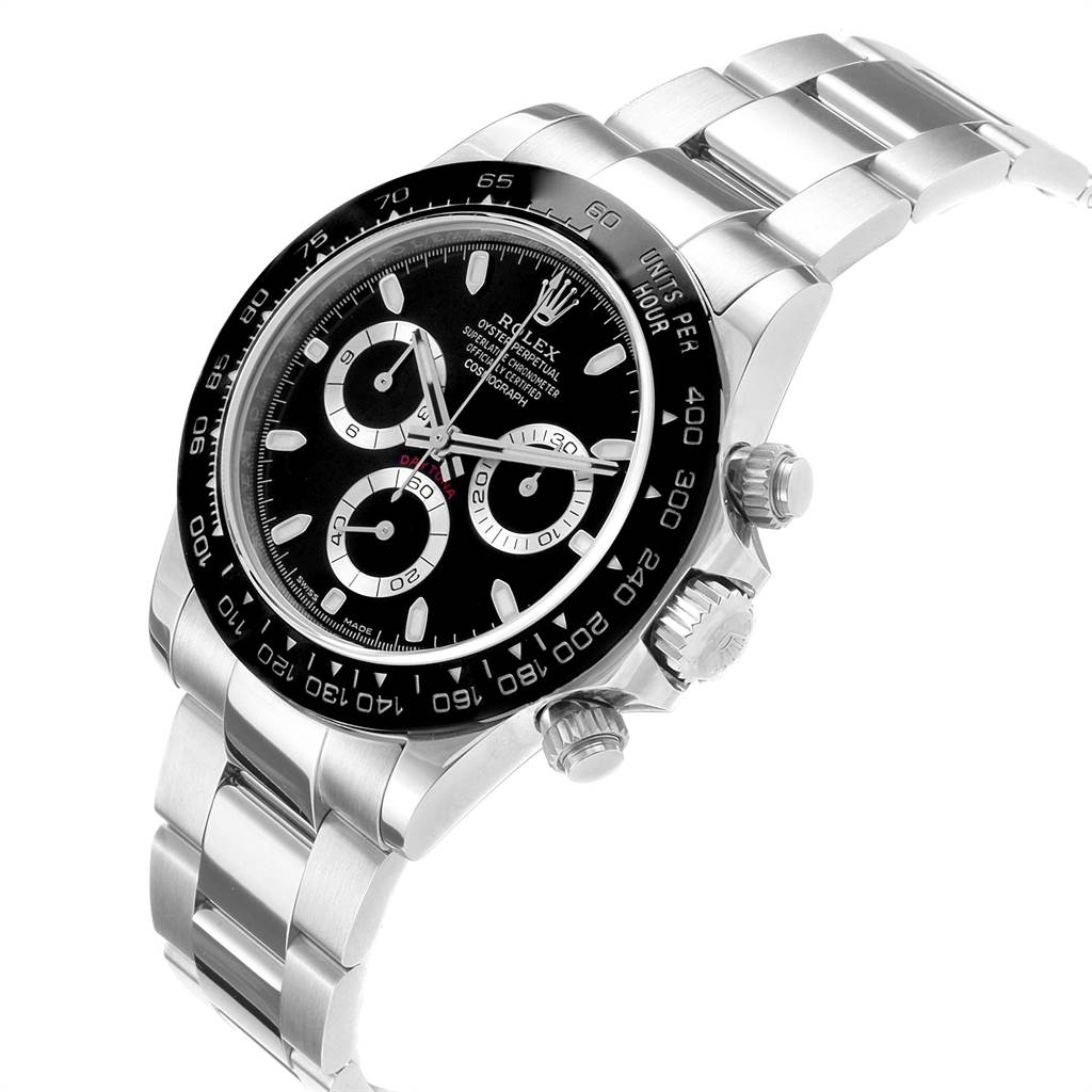 This image shows a side angle view of the Rolex Daytona 116500 Men's Stainless Steel Black Dial 116500 Men's Stainless Steel Black Dial watch, displaying its dial, bezel, and bracelet.