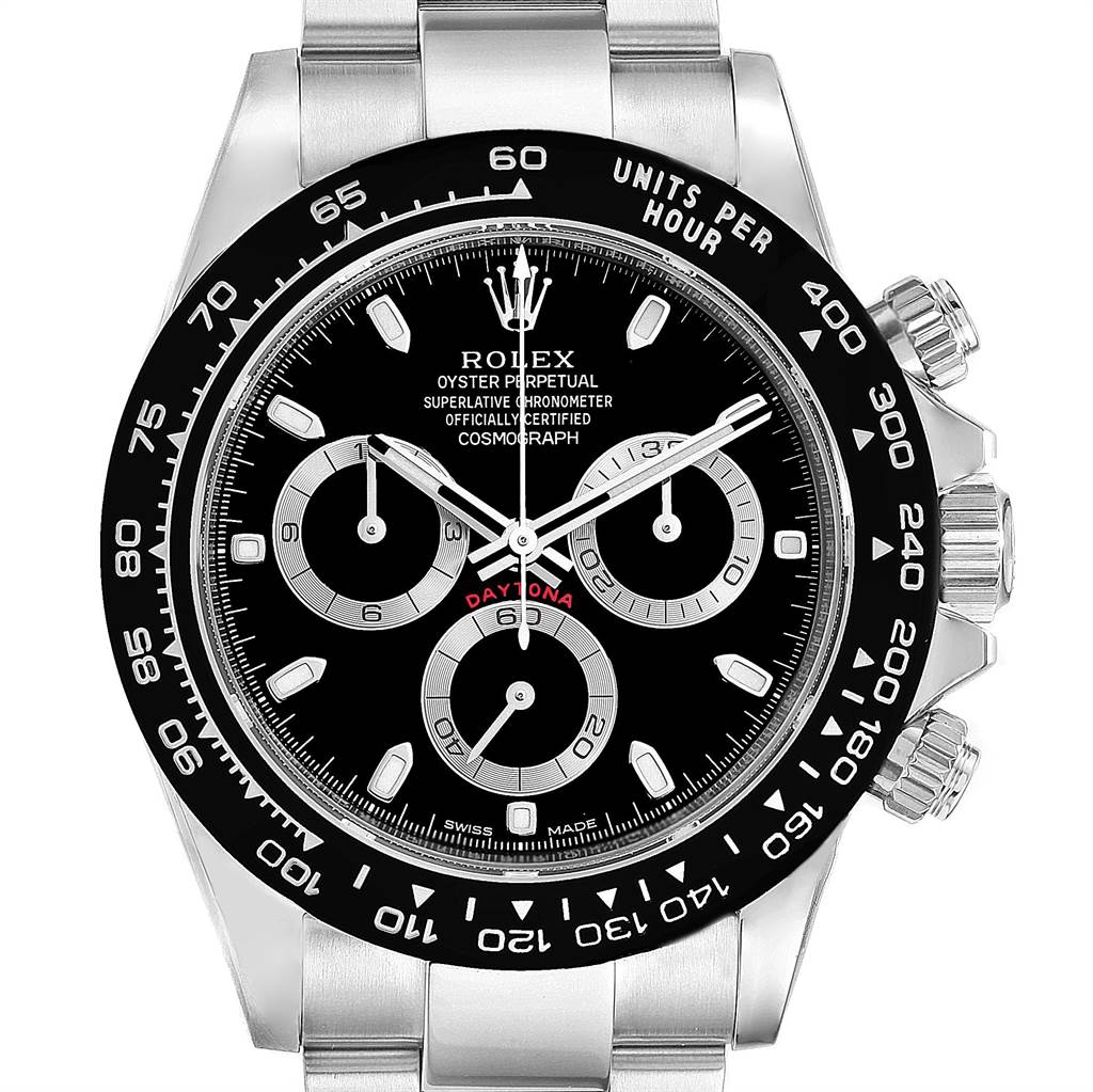 This image shows a Rolex Daytona 116500 Men's Stainless Steel Black Dial 116500 Men's Stainless Steel Black Dial watch from a front angle, displaying the dial, bezel, and chronograph sub-dials.