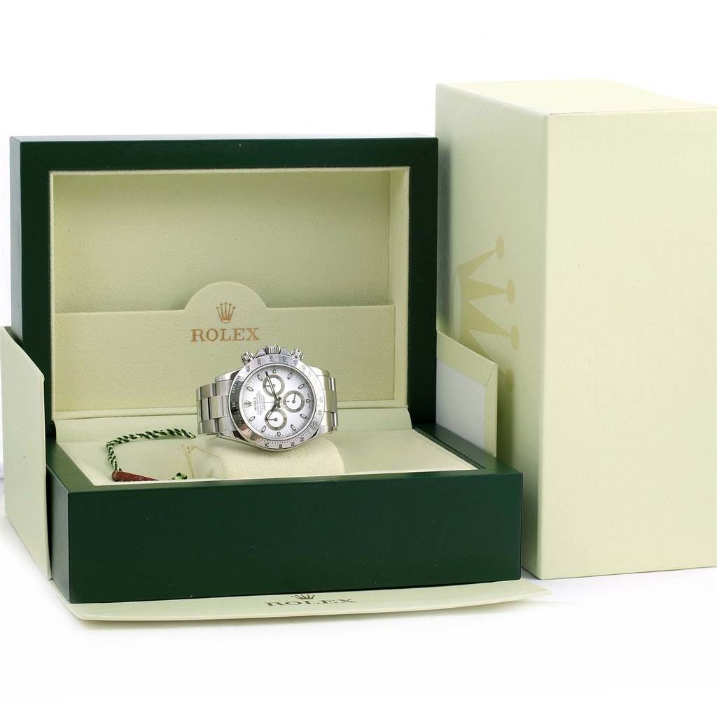 The image shows a Rolex Daytona 116520 Men's Stainless Steel White Dial 116520 Men's Stainless Steel White Dial watch in its open presentation box, with outer packaging also visible.