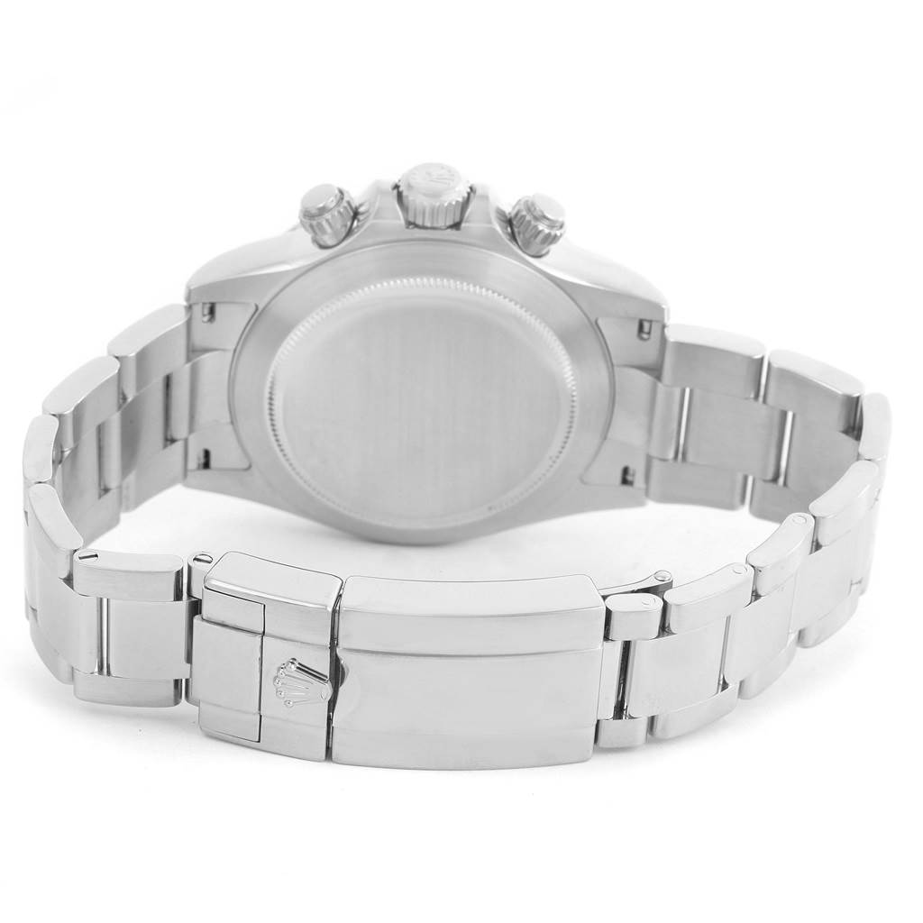 This image shows the back view of a Rolex Daytona 116520 Men's Stainless Steel White Dial 116520 Men's Stainless Steel White Dial watch, highlighting its clasp and bracelet.