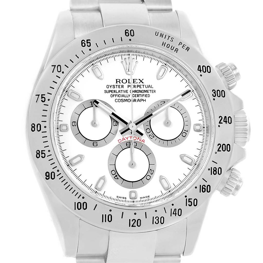 This image shows a front view of the Rolex Daytona 116520 Men's Stainless Steel White Dial 116520 Men's Stainless Steel White Dial watch, displaying its dial, subdials, bezel, and bracelet.