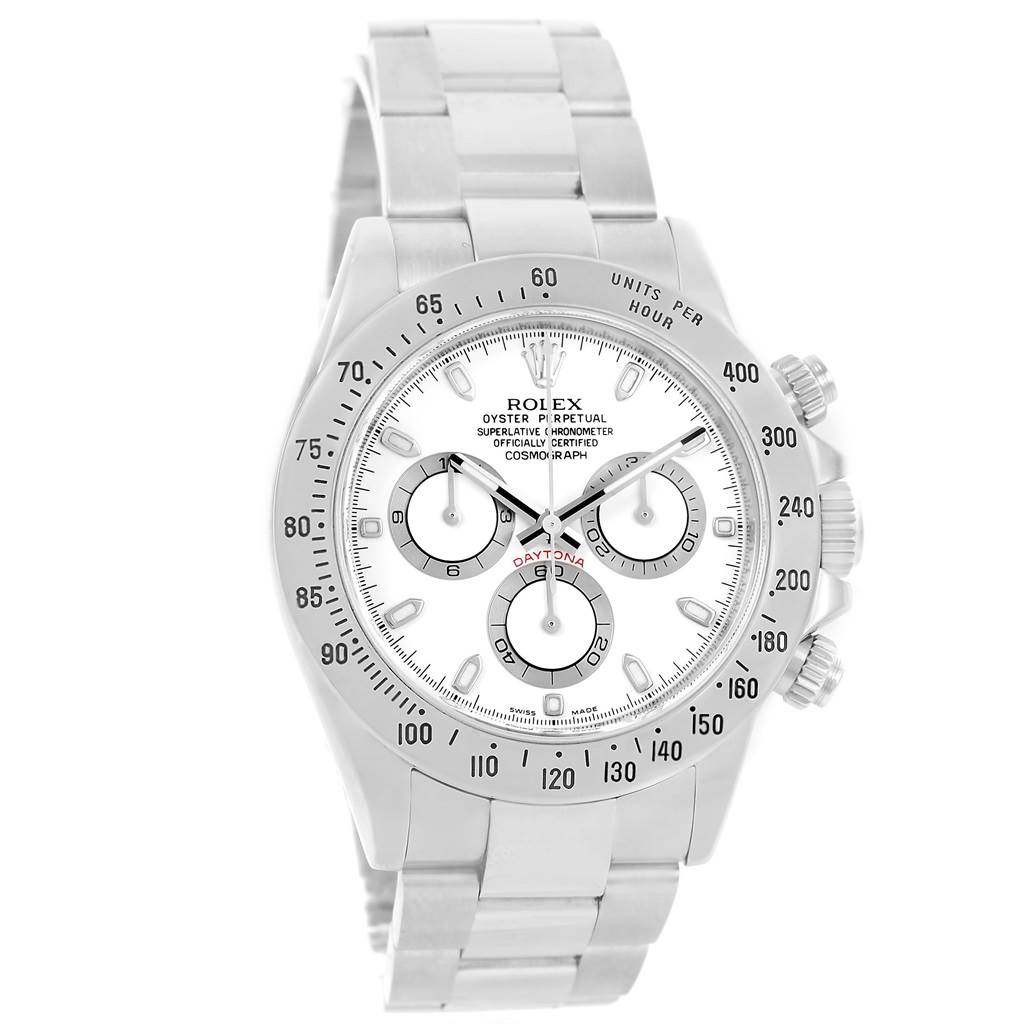 The Rolex Daytona 116520 Men's Stainless Steel White Dial 116520 Men's Stainless Steel White Dial watch is shown from a front angle, displaying the dial, bezel, and bracelet.