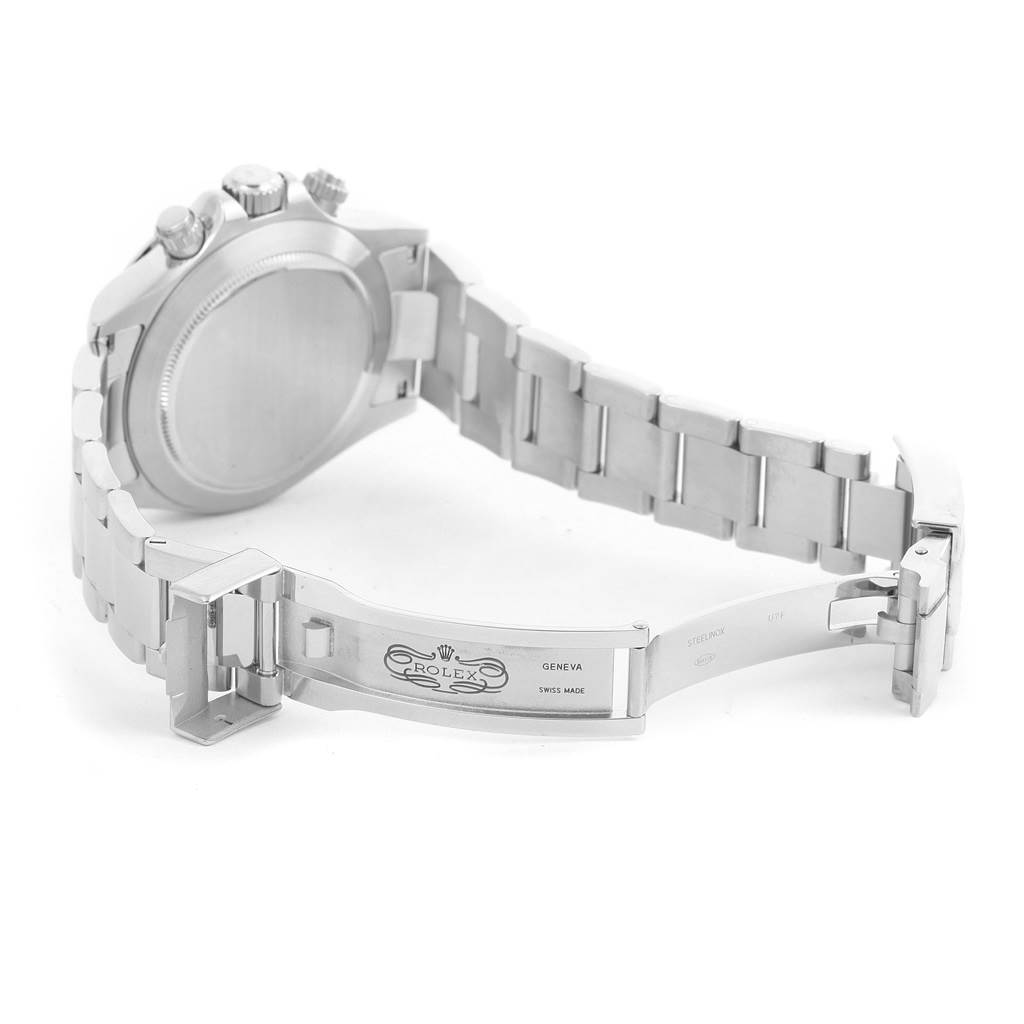 The image shows the back and clasp of a Rolex Daytona 116520 Men's Stainless Steel White Dial 116520 Men's Stainless Steel White Dial watch at an angle, highlighting the bracelet and case back.