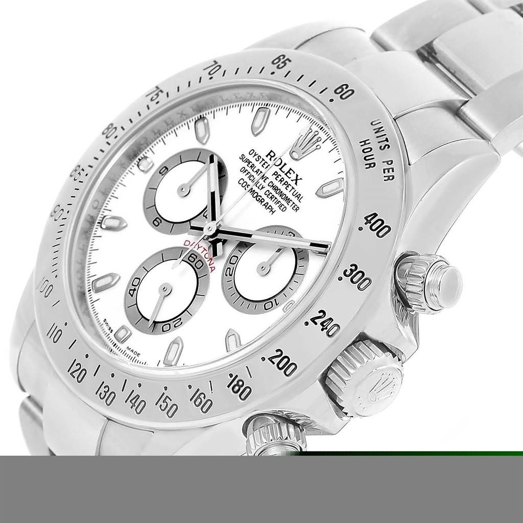 The image shows a close-up, angled view of the dial, bezel, and crown of a Rolex Daytona 116520 Men's Stainless Steel White Dial 116520 Men's Stainless Steel White Dial watch.