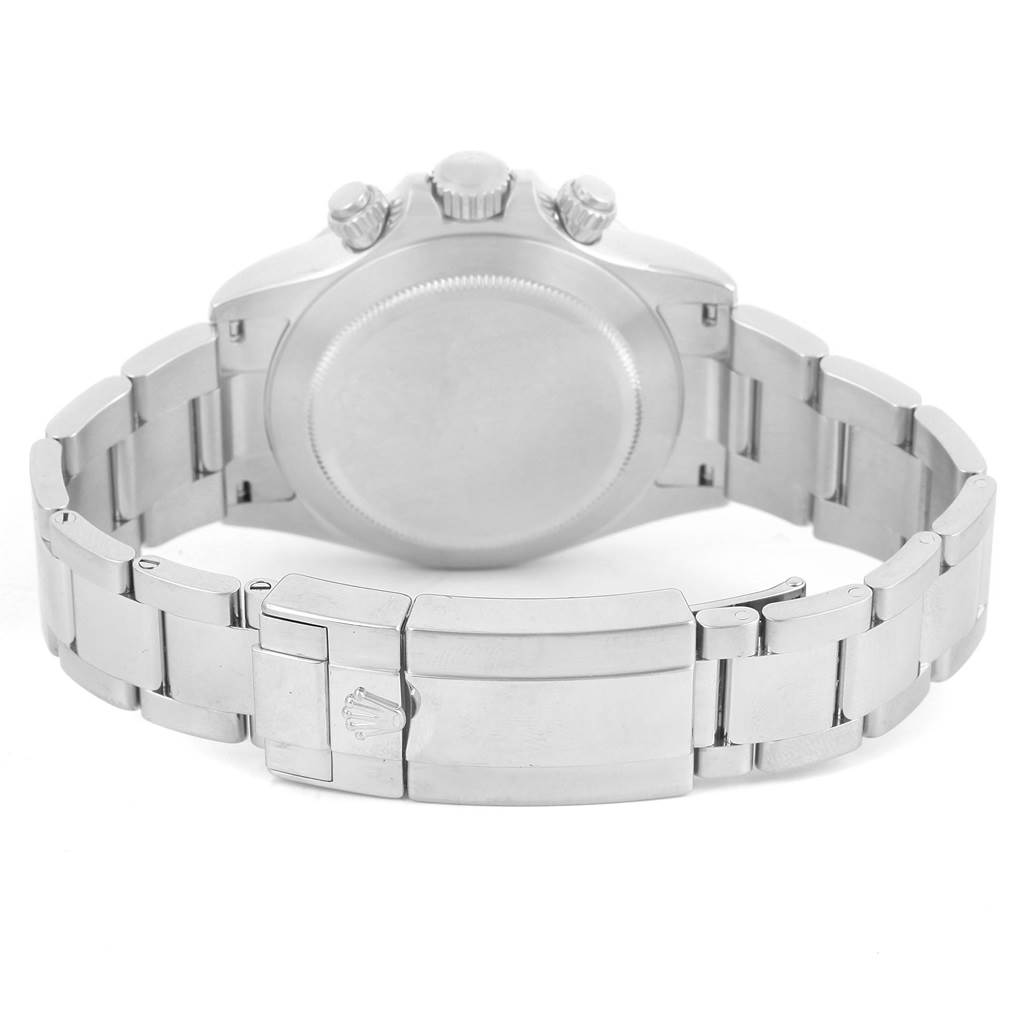 This image shows the back of the Rolex Daytona 116520 Men's Stainless Steel White Dial 116520 Men's Stainless Steel White Dial watch, focusing on the case, crown, pushers, and bracelet clasp.