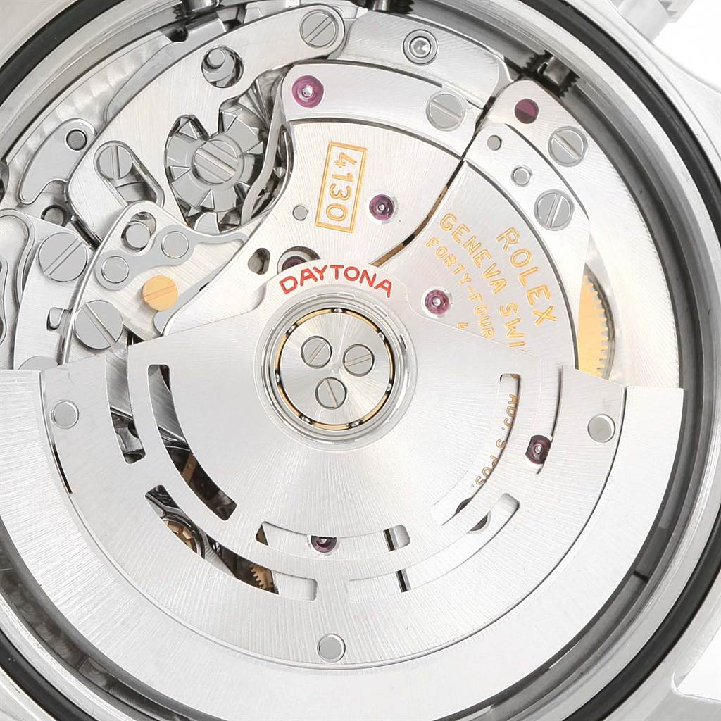 The image shows the intricate movement from the rear inside of a Rolex Daytona 116520 Men's Stainless Steel White Dial 116520 Men's Stainless Steel White Dial watch, highlighting its detailed mechanics.