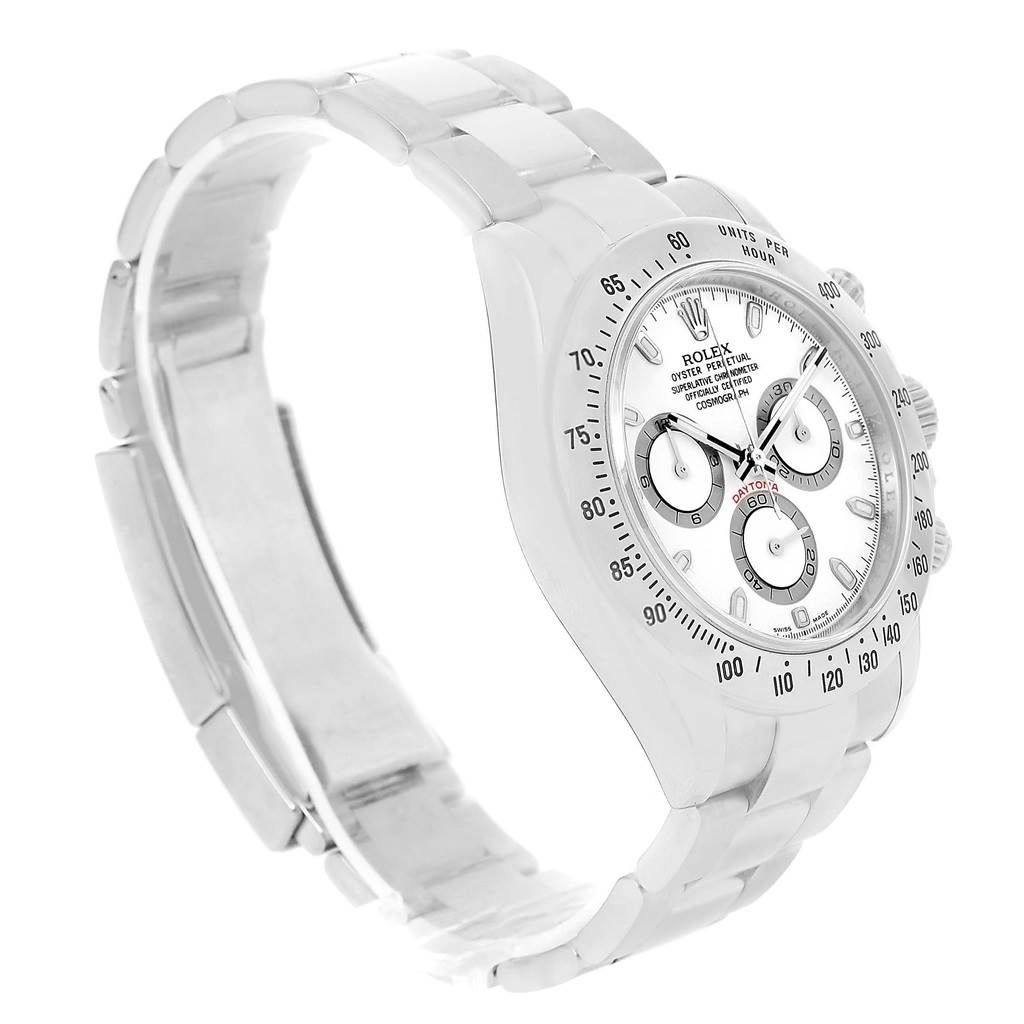 This image shows a side angle of the Rolex Daytona 116520 Men's Stainless Steel White Dial 116520 Men's Stainless Steel White Dial, featuring its watch face, bezel, and bracelet.