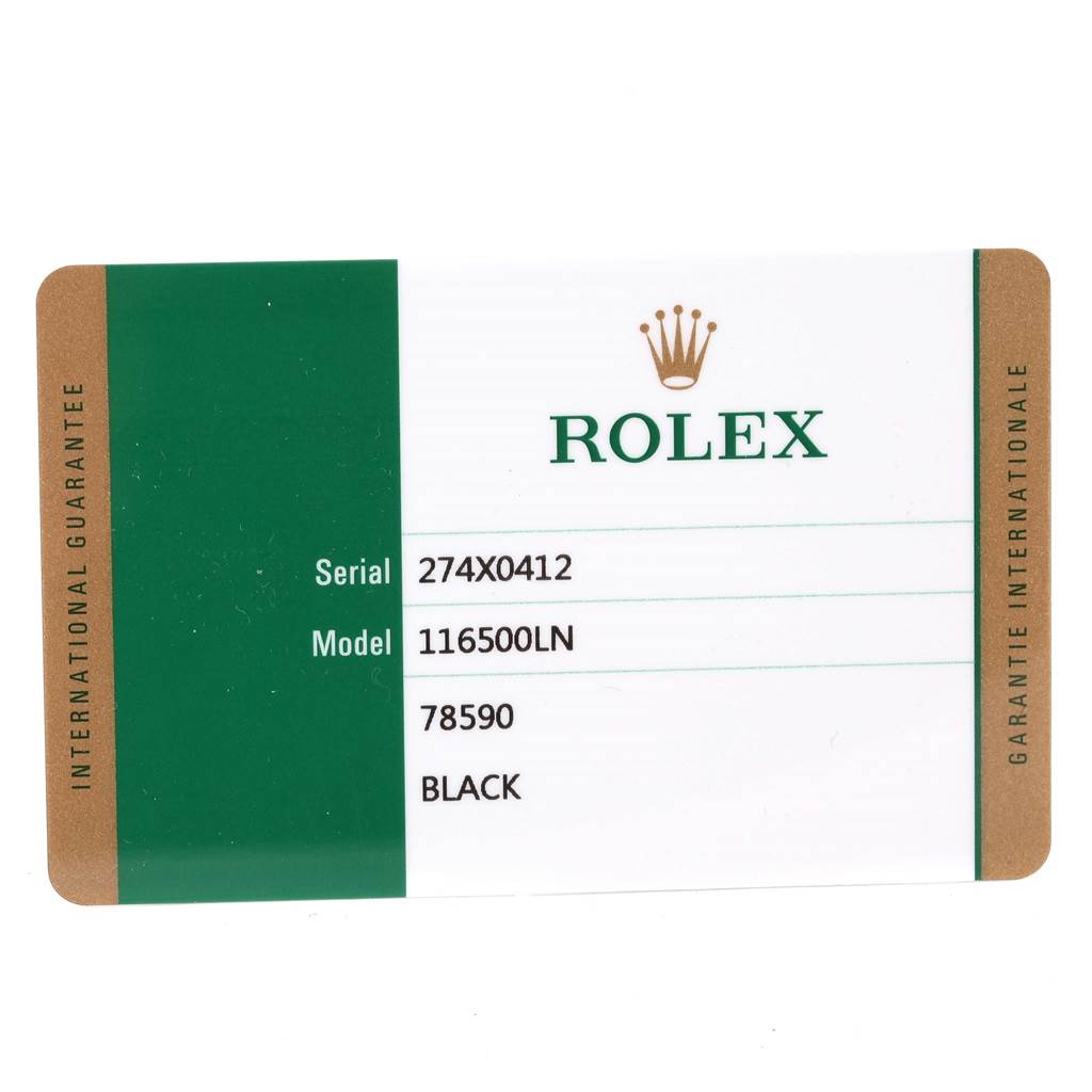 The image shows an international guarantee card for a Rolex Daytona 116500 Men
s Stainless Steel Black Dial 116500 Men
s Stainless Steel Black Dial watch, model 116500LN.