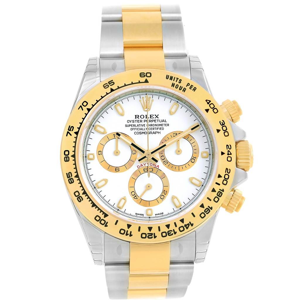 A front view of a Rolex Daytona 116503 Men's Steel and Gold (two tone) White Dial 116503 Men's Steel and Gold (two tone) White Dial watch shows the face, bezel, buttons, and bracelet.