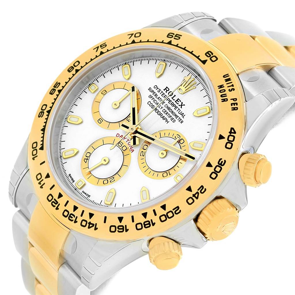 This image shows the Rolex Daytona 116503 Men's Steel and Gold (two tone) White Dial 116503 Men's Steel and Gold (two tone) White Dial watch at an angle highlighting the face, bezel, and side controls.