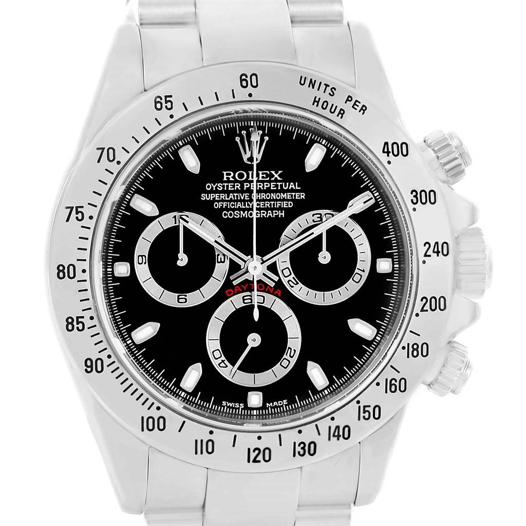 This image shows the front view of a Rolex Daytona 116520 Men's Stainless Steel Black Dial 116520 Men's Stainless Steel Black Dial watch, highlighting the dial, bezel, and part of the band.
