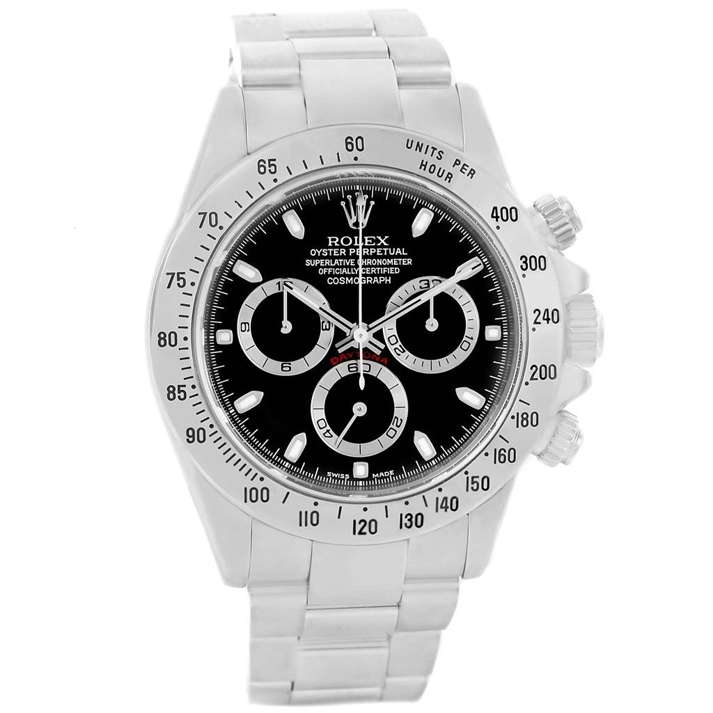 The image shows a front view of the Rolex Daytona 116520 Men's Stainless Steel Black Dial 116520 Men's Stainless Steel Black Dial watch, highlighting the face, bezel, sub-dials, and part of the bracelet.