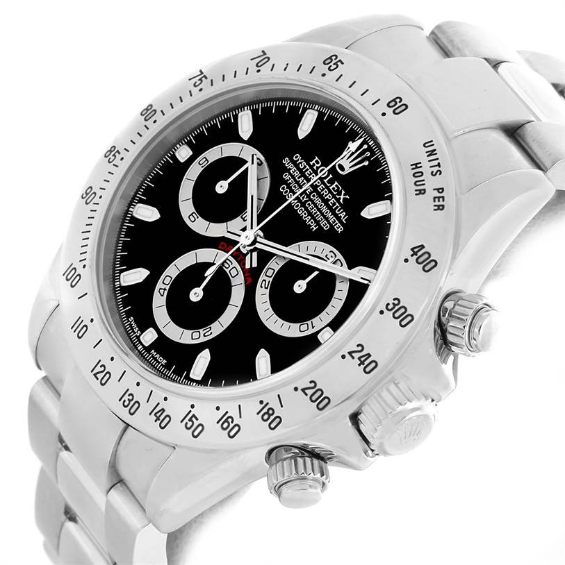 The image shows a close-up angle of the Rolex Daytona 116520 Men's Stainless Steel Black Dial 116520 Men's Stainless Steel Black Dial watch, highlighting its black dial, chronograph subdials, bezel, and side buttons.