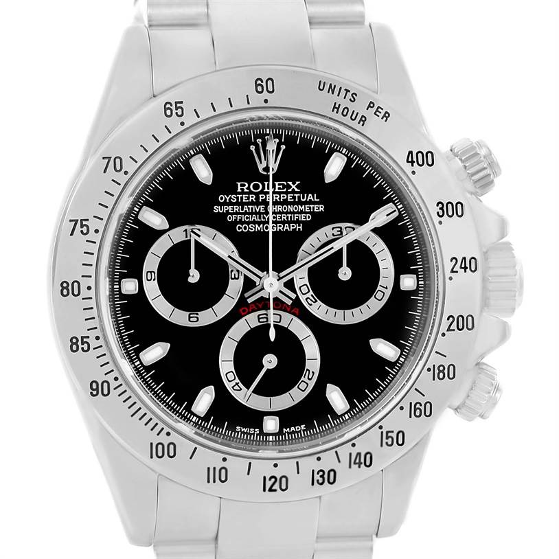 The image shows a front view of a Rolex Daytona 116520 Men's Stainless Steel Black Dial 116520 Men's Stainless Steel Black Dial watch, highlighting its black dial, subdials, and stainless steel bracelet.