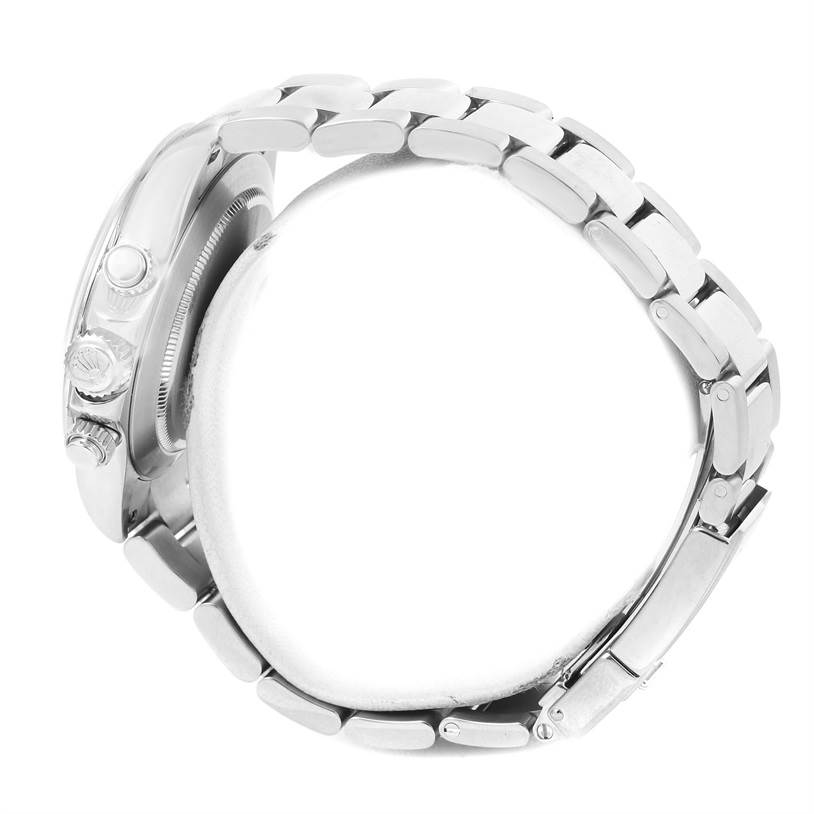 This image shows a side view of a Rolex Daytona 116520 Men's Stainless Steel Black Dial 116520 Men's Stainless Steel Black Dial watch, highlighting the bracelet, clasp, and crown.