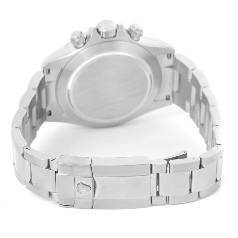 The image shows the back and clasp of a Rolex Daytona 116520 Men's Stainless Steel Black Dial 116520 Men's Stainless Steel Black Dial watch, highlighting the bracelet and caseback.