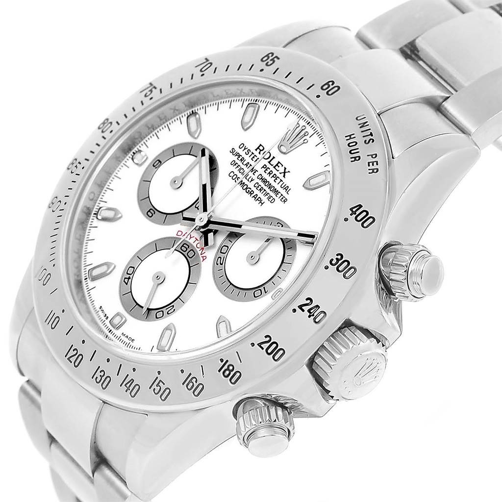 The image shows a side angle of a Rolex Daytona 116520 Men's Stainless Steel White Dial 116520 Men's Stainless Steel White Dial watch, including its bezel, crown, pushers, and part of the bracelet.