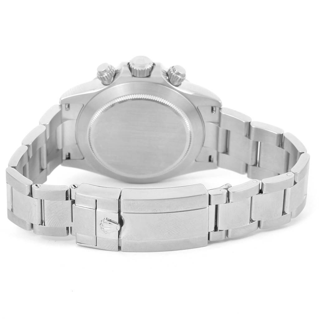 The image shows the back and bracelet of a Rolex Daytona 116520 Men's Stainless Steel White Dial 116520 Men's Stainless Steel White Dial watch, highlighting the clasp and case back.