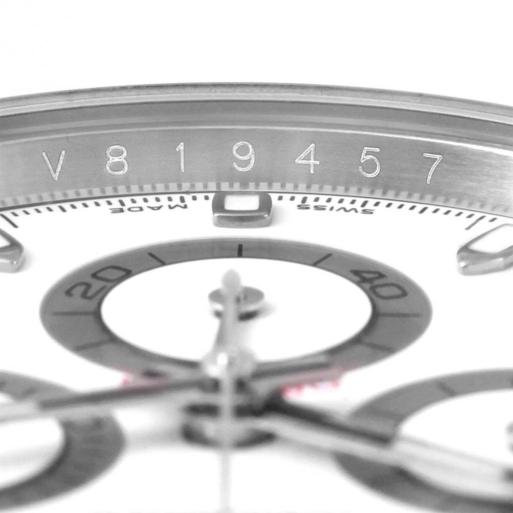 This close-up image shows the dial and part of the subdial of a Rolex Daytona 116520 Men's Stainless Steel White Dial 116520 Men's Stainless Steel White Dial watch.