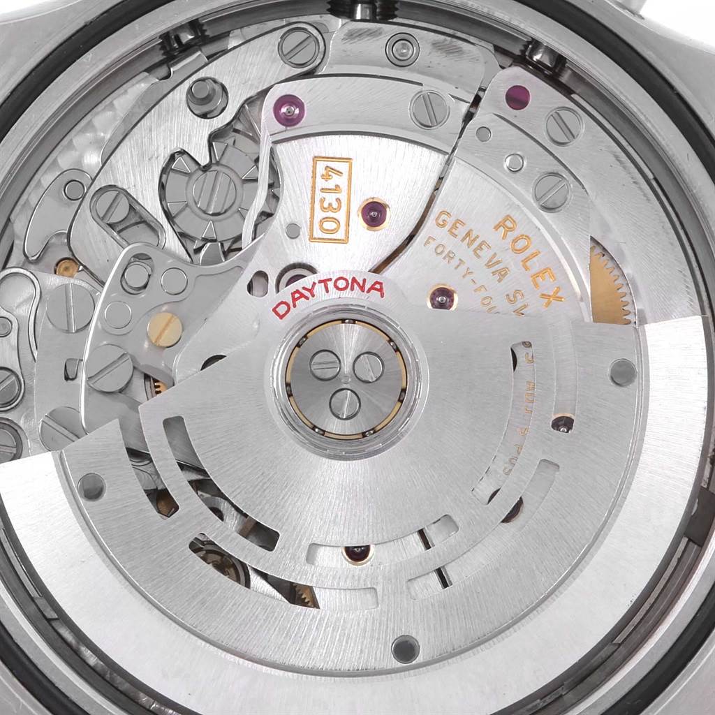 This image shows the internal mechanism of a Rolex Daytona 116520 Men's Stainless Steel White Dial 116520 Men's Stainless Steel White Dial watch at a close-up angle.