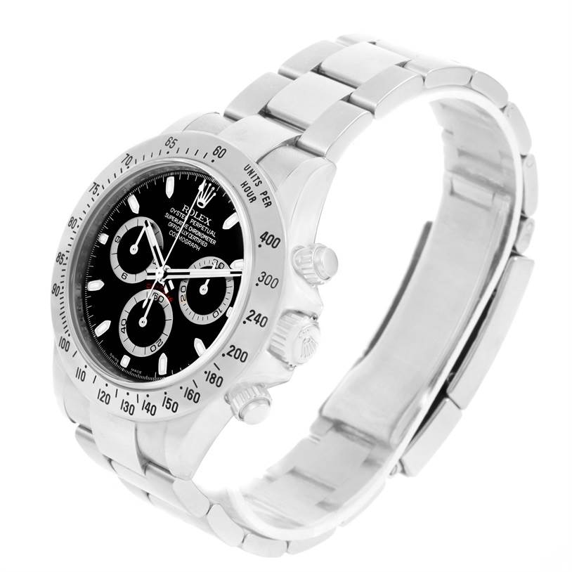 This image shows a side angle of a Rolex Daytona 116520 Men's Stainless Steel Black Dial 116520 Men's Stainless Steel Black Dial watch, highlighting the bezel, dial, chronograph pushers, and bracelet.