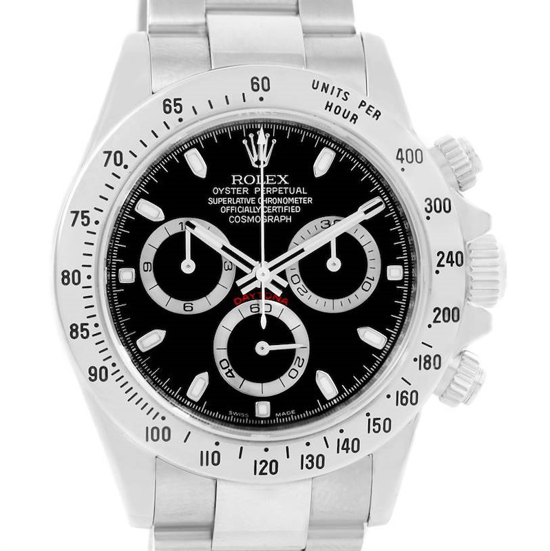 This image shows the front view of the Rolex Daytona watch, highlighting its dial, bezel, and chronograph subdials.