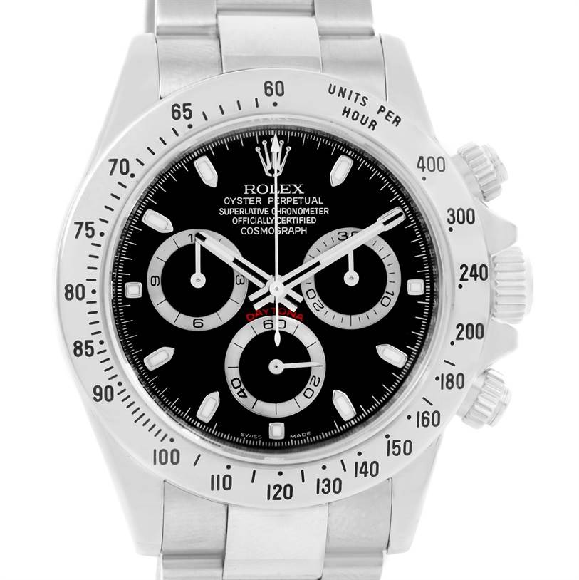 This image shows the front view of the Rolex Daytona 116520 Men's Stainless Steel Black Dial 116520 Men's Stainless Steel Black Dial watch, highlighting its dial, bezel, and chronograph subdials.