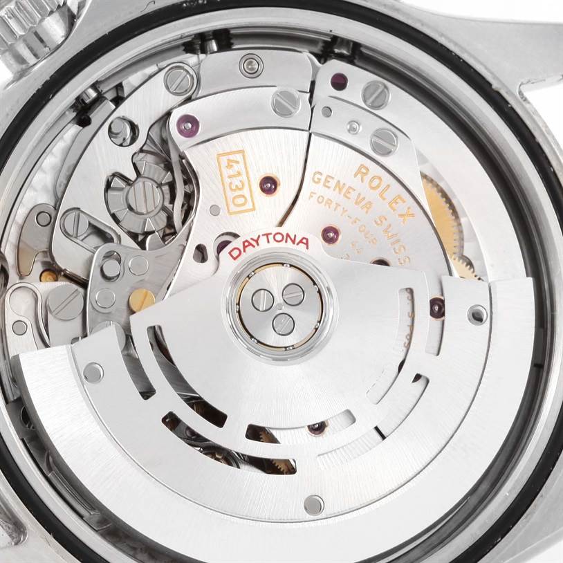 This image shows the movement mechanism of a Rolex Daytona 116520 Men's Stainless Steel Black Dial 116520 Men's Stainless Steel Black Dial watch from a rear angle.