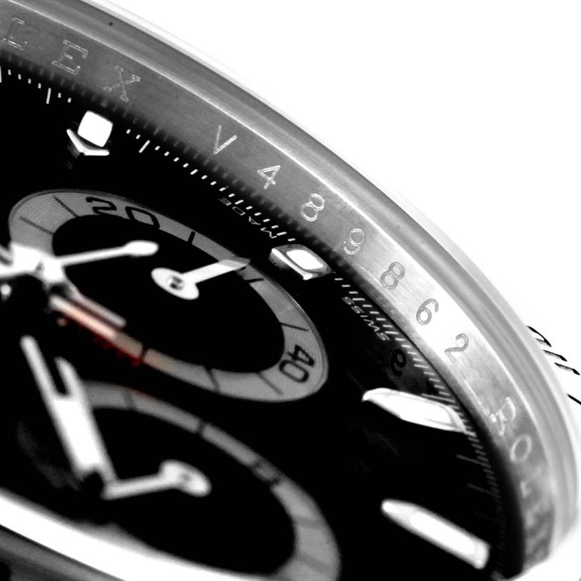 The image shows a close-up angle of the Rolex Daytona 116520 Men's Stainless Steel Black Dial 116520 Men's Stainless Steel Black Dial watch, focusing on the bezel and chronograph sub-dials.