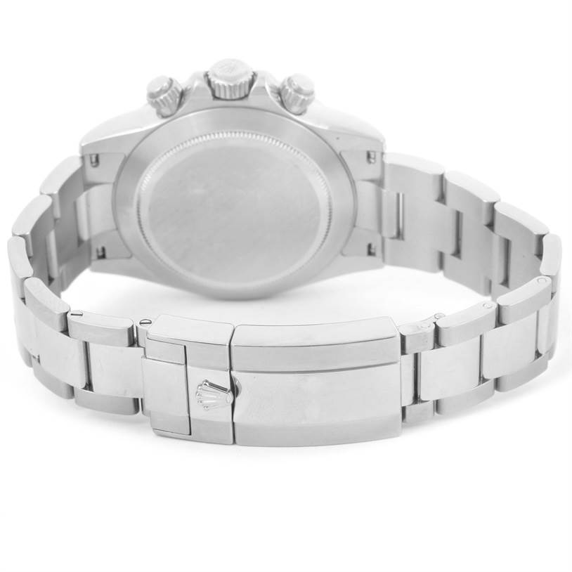 This image shows the rear view of a Rolex Daytona 116520 Men's Stainless Steel Black Dial 116520 Men's Stainless Steel Black Dial watch, focusing on its stainless steel bracelet and closed clasp.