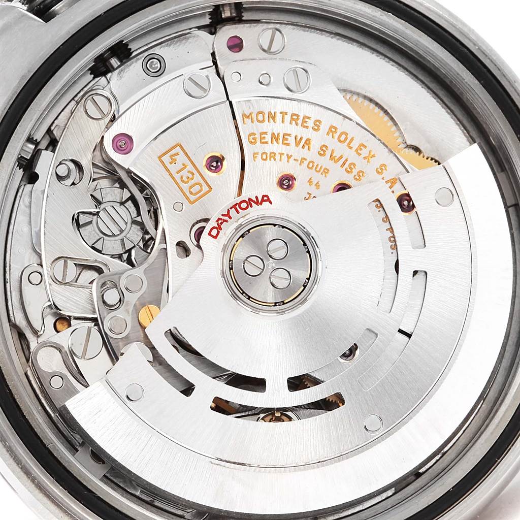 The image shows a close-up view of the movement inside a Rolex Daytona 116520 Men's Stainless Steel White Dial 116520 Men's Stainless Steel White Dial watch.