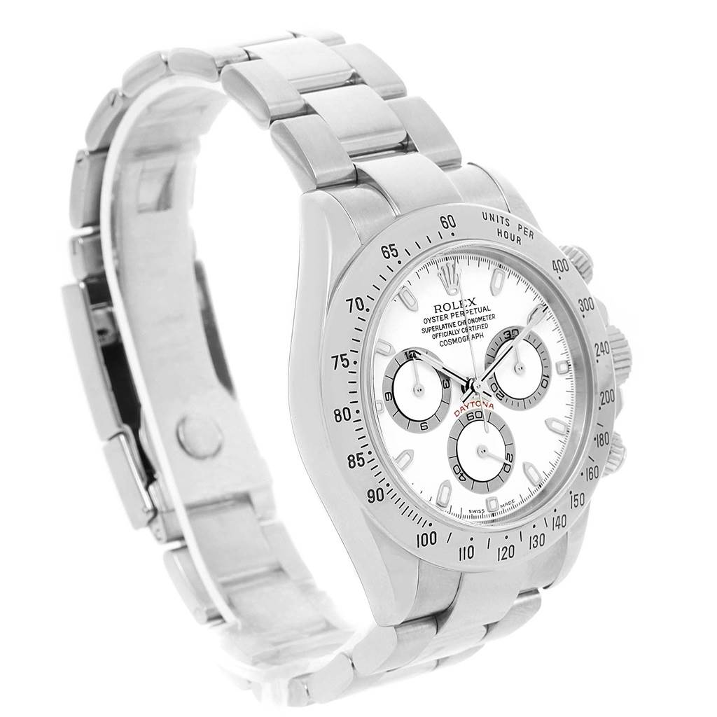 This image shows a Rolex Daytona 116520 Men's Stainless Steel White Dial 116520 Men's Stainless Steel White Dial watch at a three-quarter angle, highlighting its face, bezel, and partially opened bracelet.