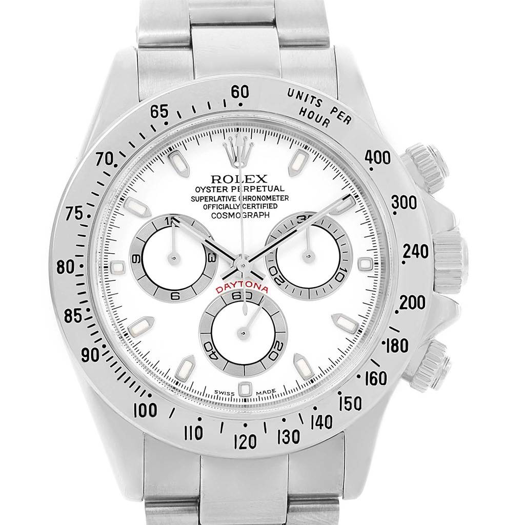 The image shows a frontal view of a Rolex Daytona 116520 Men's Stainless Steel White Dial 116520 Men's Stainless Steel White Dial watch, highlighting its face, dials, and bezel.