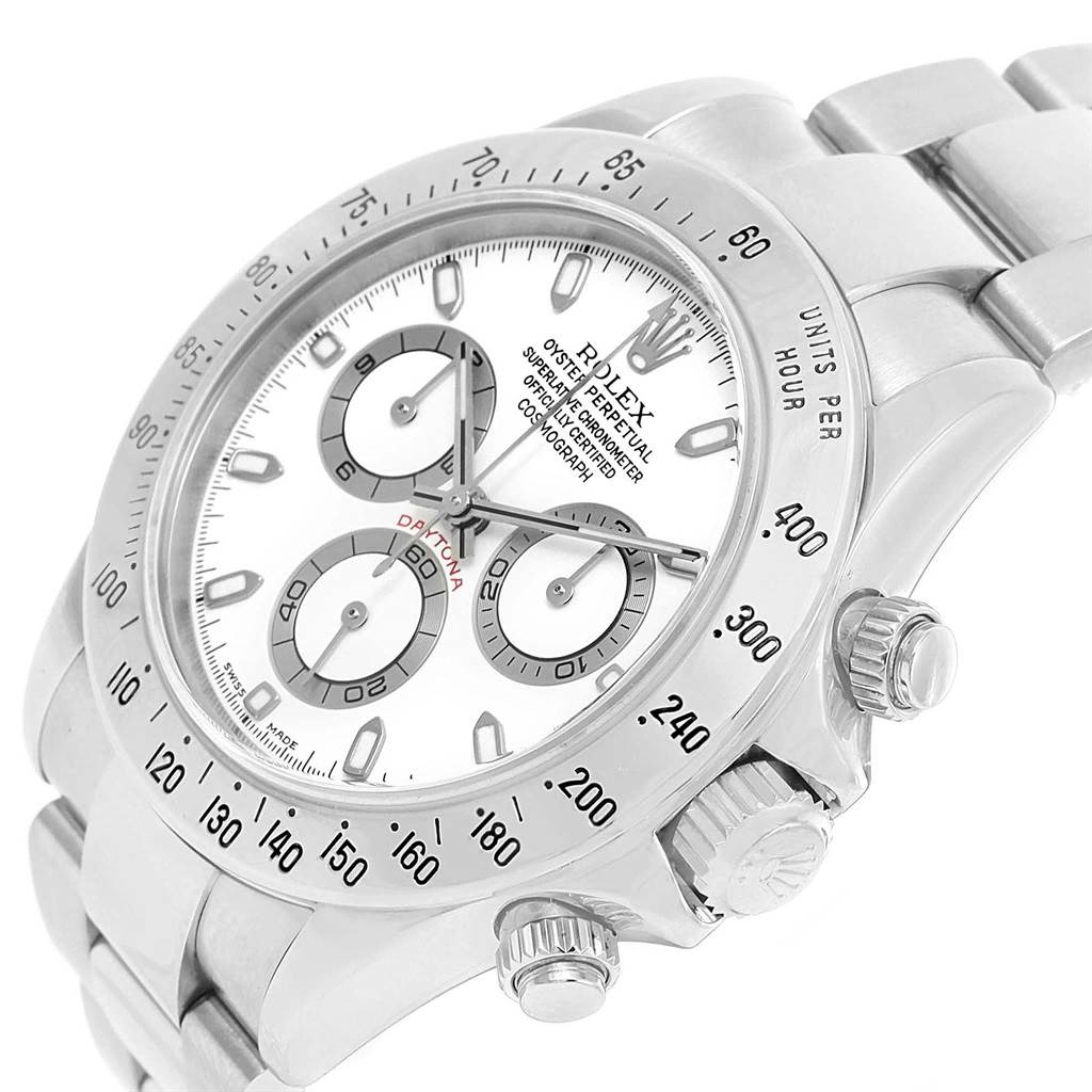 The image shows a Rolex Daytona 116520 Men's Stainless Steel White Dial 116520 Men's Stainless Steel White Dial watch at an angle, highlighting the dial, bezel, crown, and chronograph pushers.