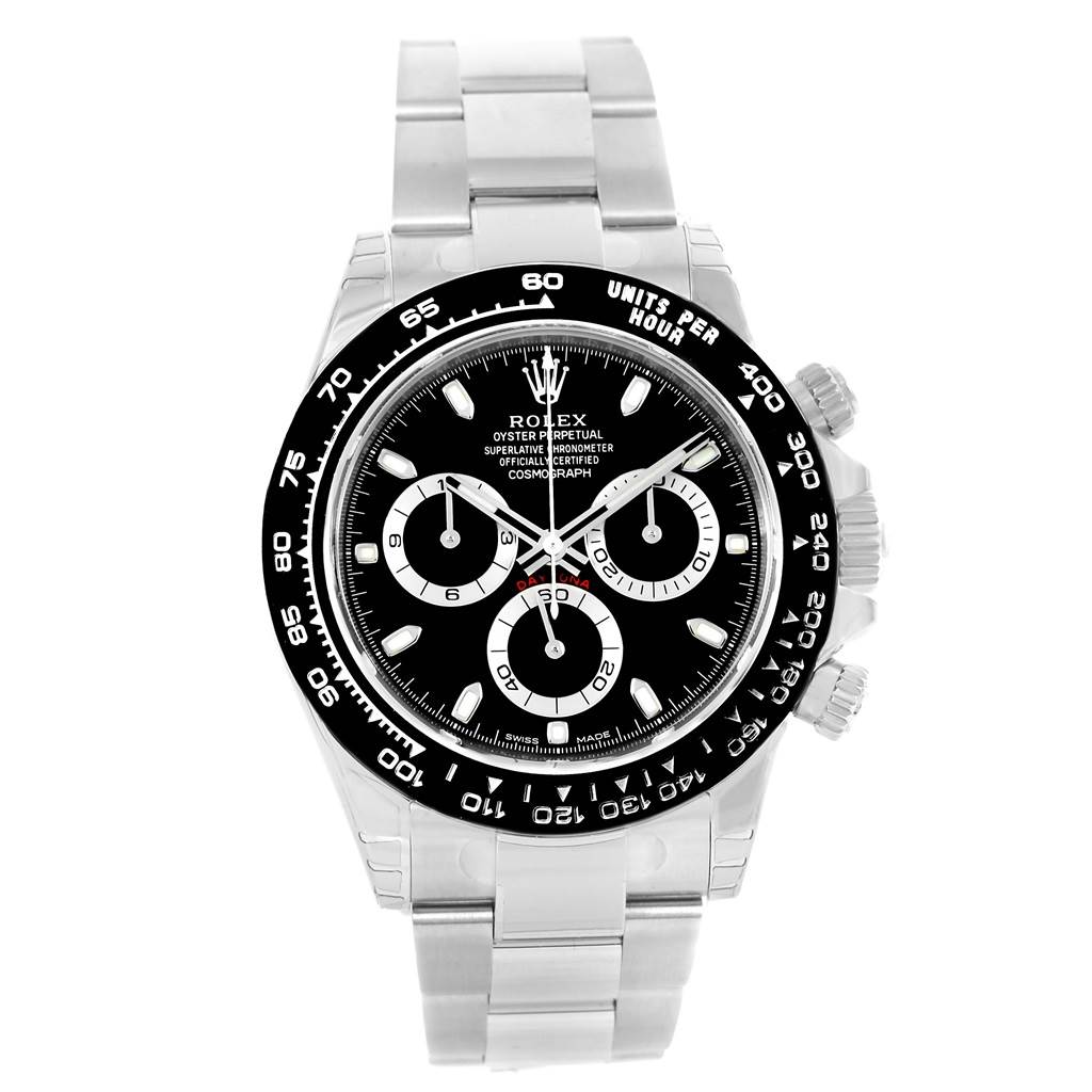 The image shows a front view of the face and bracelet of a Rolex Daytona 116500 Men's Stainless Steel Black Dial 116500 Men's Stainless Steel Black Dial watch.