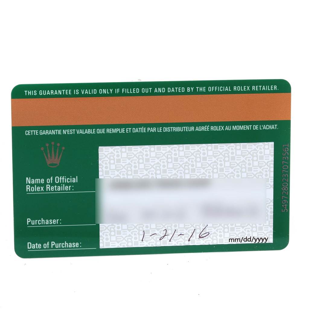 The image shows a Rolex Daytona 116520 Men's Stainless Steel White Dial 116520 Men's Stainless Steel White Dial warranty card from an official retailer, including purchase details.