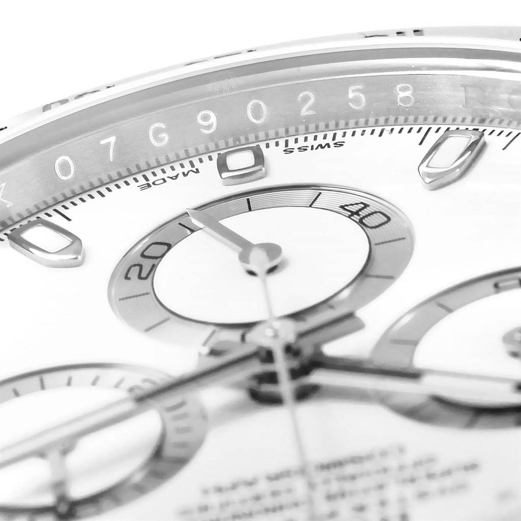 This image shows a close-up view of the chronograph sub-dials and part of the dial of a Rolex Daytona 116520 Men's Stainless Steel White Dial 116520 Men's Stainless Steel White Dial watch.