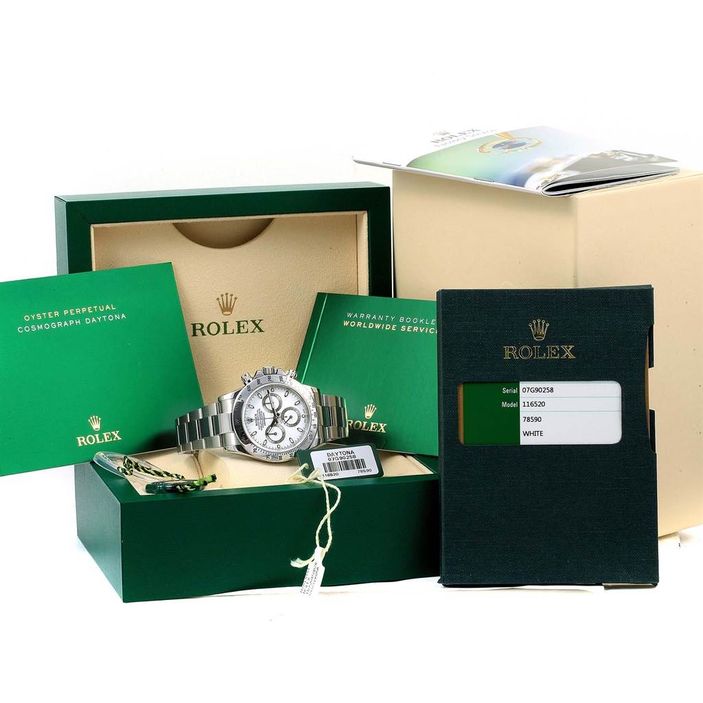 The image shows a Rolex Daytona 116520 Men's Stainless Steel White Dial 116520 Men's Stainless Steel White Dial watch with its original packaging, warranty cards, and booklets, viewed from the front.