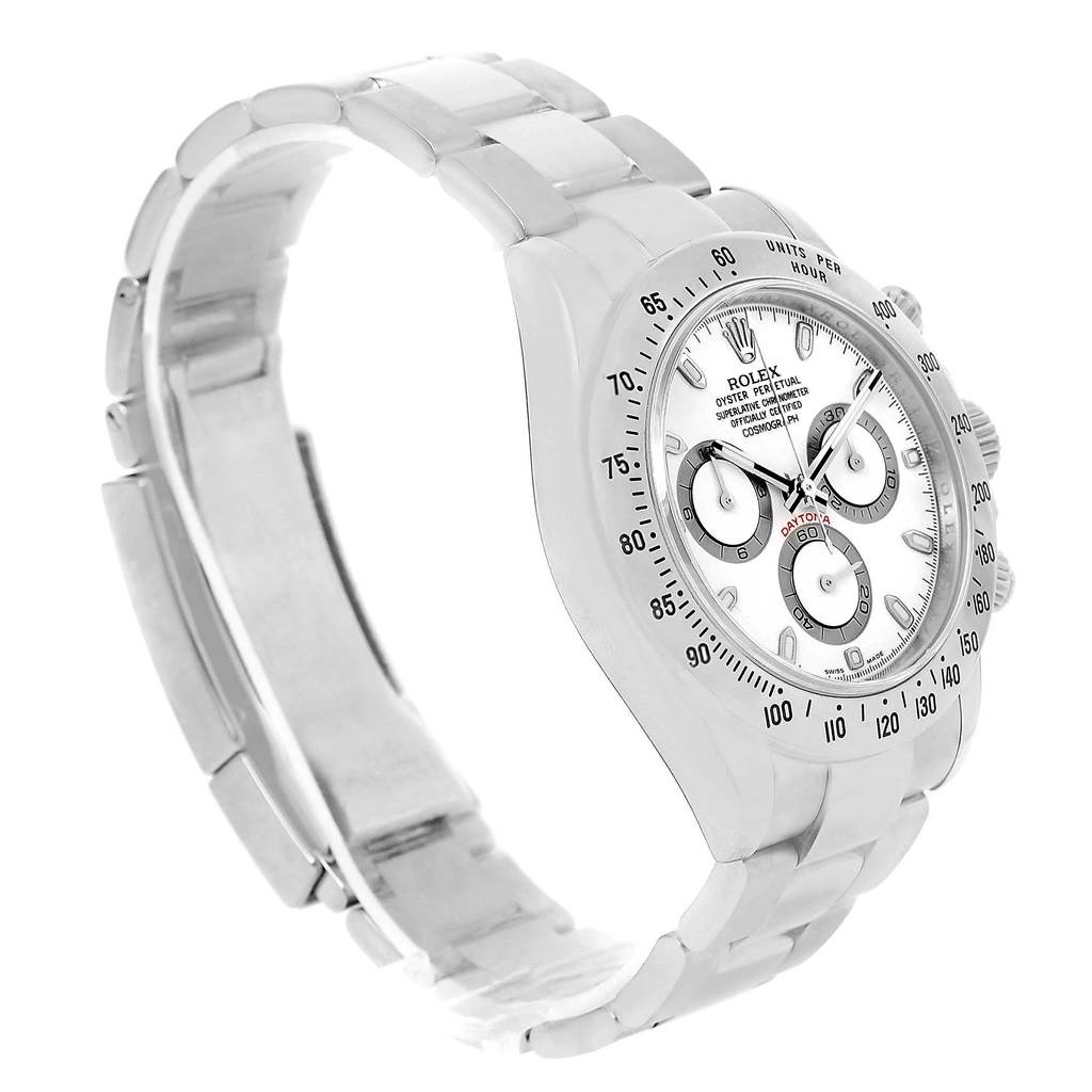 The image shows a side profile of the Rolex Daytona 116520 Men's Stainless Steel White Dial 116520 Men's Stainless Steel White Dial watch, highlighting its face, bezel, and bracelet.
