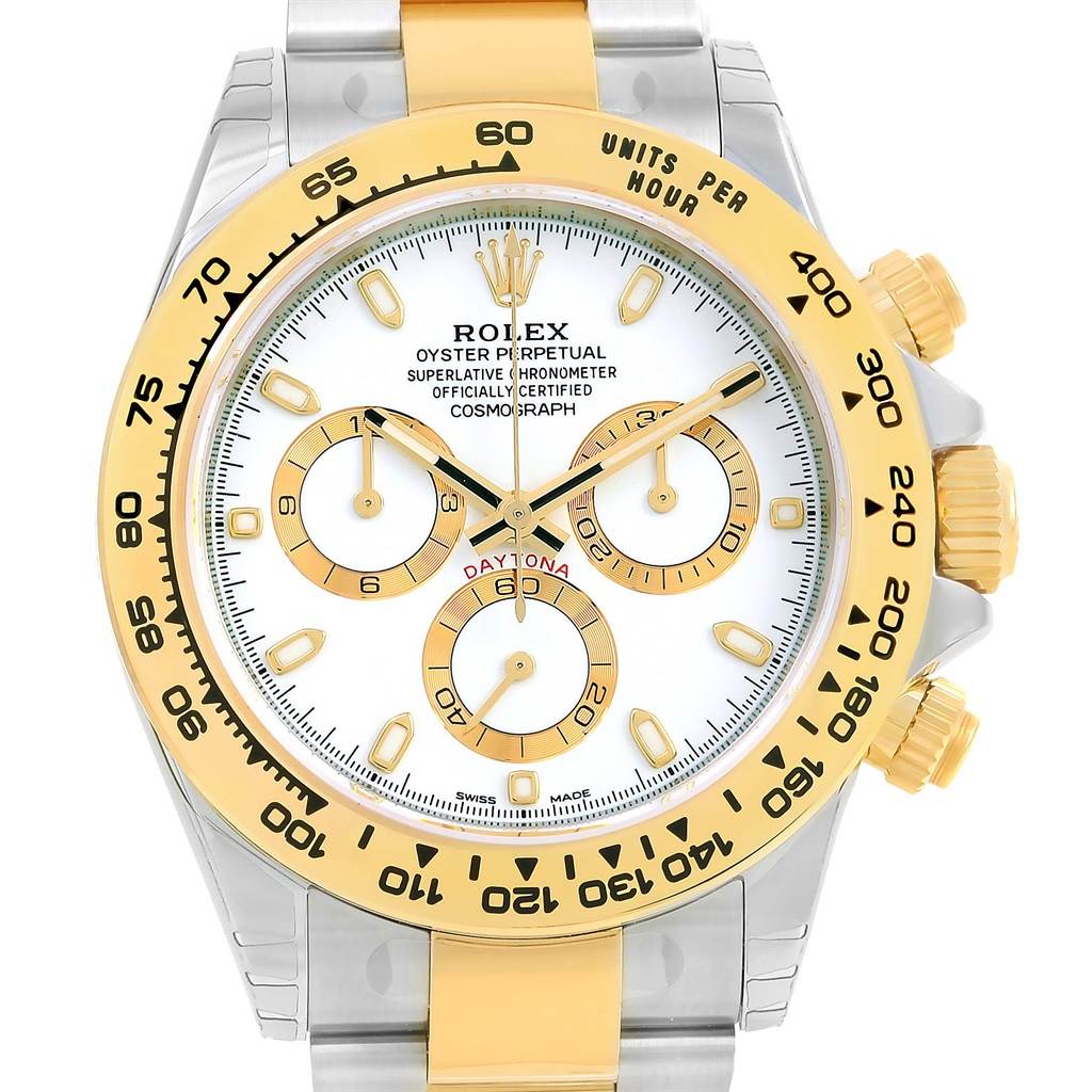 This image shows the front view of a Rolex Daytona 116503 Men's Steel and Gold (two tone) White Dial 116503 Men's Steel and Gold (two tone) White Dial watch displaying its face, bezel, and crown.
